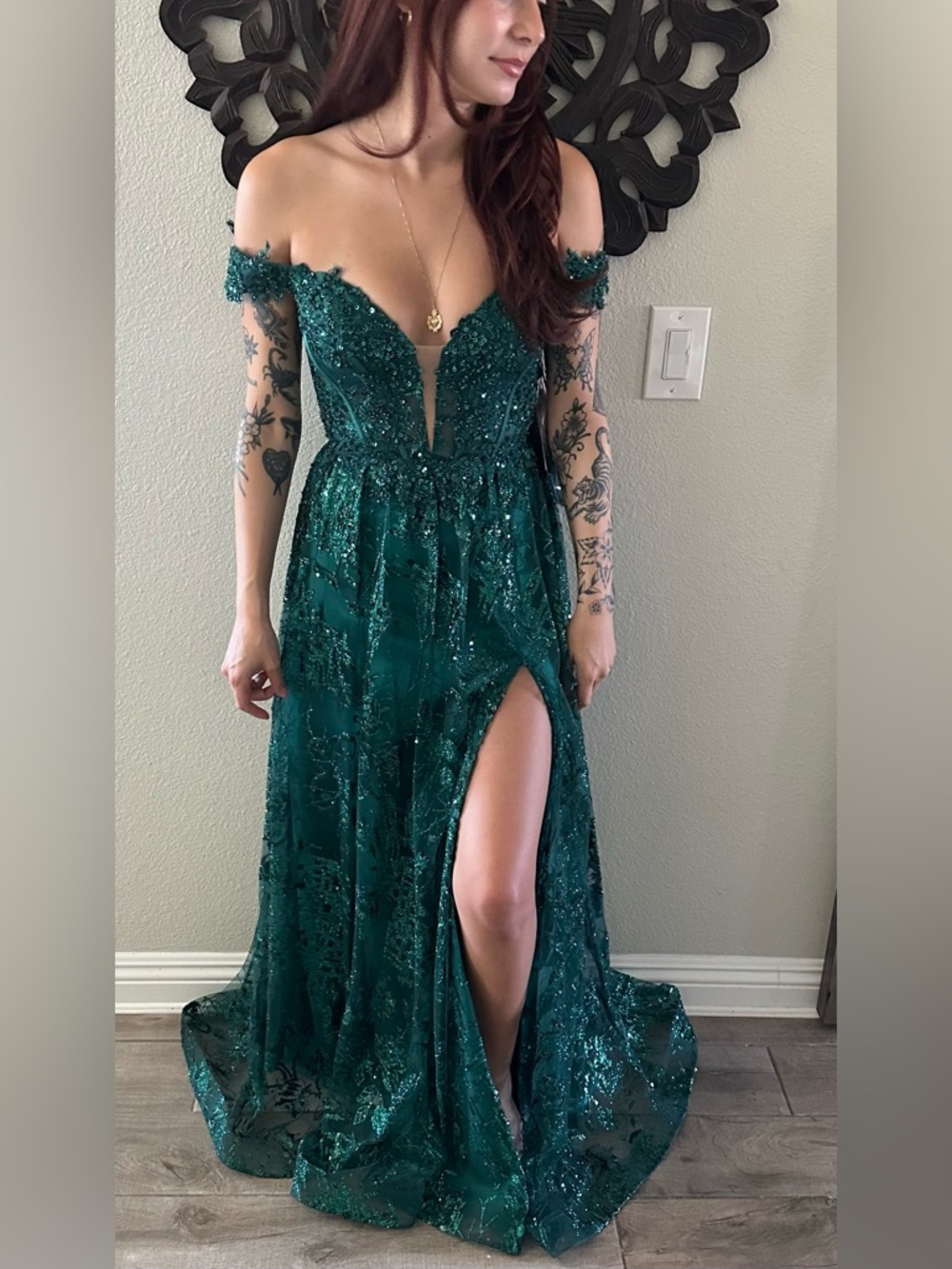 Off-Shoulder Deep Green Sequin Prom Gown with Thigh Slit